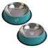 A pet feeding bowl set in teal with stainless steel inserts and a black base, featuring simple logos.