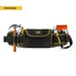 A black waist tool bag with yellow accents, featuring a hammer, pliers, and space for additional tools. It has a logo.