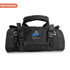 A black roll-up tool bag with a handle and adjustable straps, featuring a branding logo.