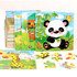 A collection of colourful wooden jigsaw puzzles featuring animals like a panda and giraffe, with various pieces displayed.