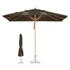 A 4x4m wind-resistant outdoor umbrella in dark green, with a wooden pole and a base, displayed upright and folded.