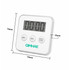 A digital kitchen timer in white with a large display and three buttons. It features a logo on the front.