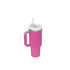 A drink bottle in bright pink with a white lid and a straw, featuring a handle for easy carrying.