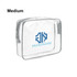A medium clear toiletry bag with a grey trim and a logo on the front.