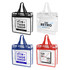 Clear tote bags in black, blue, and red; featuring shoulder straps and various logo designs.