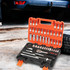 A mechanic socket set in an orange and black case, featuring various sizes of sockets and tools.