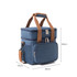 A blue 10L cooler bag with a main compartment and front zip pocket, featuring brown straps.