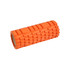 An orange foam yoga roller with a textured surface and a hollow centre. It has a simple logo on one side.