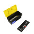 A black toolbox with a yellow lid containing various tools and a small tray with additional tools.