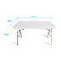 A white rectangular table with metal legs, measuring 120cm x 60cm x 74cm, featuring a promotional logo.