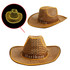A light-up straw hat featuring a brown woven design with yellow trim and an attached logo.
