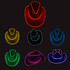 Brightly coloured cowboy hats with illuminated edges in red, yellow, green, blue, purple, and pink. Each hat features a unique design.