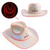 Light-up cowboy hats in white with neon pink trim, featuring a logo on the front. One hat has illumination effects.