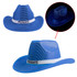 A blue sequin cowboy hat with a light-up feature and a white band, displayed from two angles.
