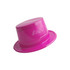 A pink PVC top hat with a shiny finish and a logo on the front.