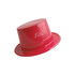 A shiny red PVC top hat with a decorative logo. It has a classic cylindrical shape and wide brim.