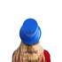 A blue PVC top hat displayed on a person with long wavy hair, wearing a red garment. The background is plain white.