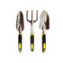 A garden hand tool set featuring three stainless steel tools with yellow and black ergonomic handles.