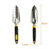 A garden hand tool set featuring two stainless steel trowels with black and yellow ergonomic handles.