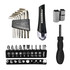 A set of silver and black tools including hex keys, a utility knife, sockets, a screwdriver, and various bits.