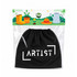 A black drawstring bag with a white logo on it, featuring a colourful garden-themed background.