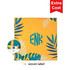 A vibrant yellow self-adhesive cloth with tropical leaf designs and a woven label in the corner.