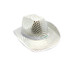 A white sequin cowboy hat with intricate designs and a decorative band, featuring a logo.