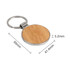 A round wooden keyring with a silver metal attachment, featuring a natural wood finish. Measurements are included.