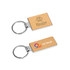A rectangle wooden keyring with a chrome metal ring, featuring two sides that display different logos.