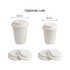 Two white compostable paper cups with optional lids are displayed, highlighting their sizes. A logo is visible.