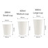 Three sizes of white PLA single wall compostable paper cups displayed, alongside their respective measurements.