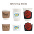 A set of compostable paper cups in white with various optional cup sleeves featuring designs and colours, including floral and text motifs.