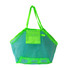 A bright green mesh beach toy bag with a pocket and handles, designed for carrying beach toys and accessories.