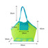 A mesh beach toy bag in bright yellow and aqua, featuring a pocket and adjustable straps, measuring 45cm by 30cm.