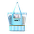 A transparent blue mesh beach tote bag contains flip flops, a pouch, and a compartment at the bottom. Includes a logo.