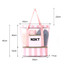 A pink and white striped mesh tote bag with a zippered compartment and large inner space for items.