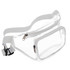 A clear fanny pack with a white strap and zippered compartments, featuring a logo.