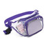 A clear fanny pack in purple, featuring a main compartment and a smaller front pocket, with a clip buckle.