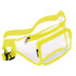 A transparent fanny pack with bright yellow accents and a zipper closure. It features an adjustable strap and a logo.
