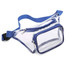 A clear fanny pack with blue zippers and a blue adjustable strap. It has one main compartment and a front pocket.