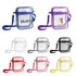 Clear tote bags in various colours including purple, red, pink, yellow, black, white, and blue with zipper closures.