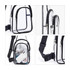 Clear PVC crossbody backpack featuring a transparent design with black zippers and adjustable straps. Includes a logo.