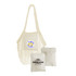 A cream mesh tote bag with a front pocket and two folded pouches. The bag has a logo on the front.
