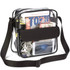 A clear shoulder crossbody bag filled with magazines, a phone, headphones, and various small items, featuring a black strap.