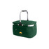 A green picnic cooler basket with a zippered pocket and a retractable handle. It features a logo on the front.