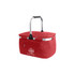 A red picnic cooler basket with a silver handle and a front zip pocket, featuring a logo.