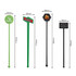 A set of four cocktail drink stirrers in green and black, featuring various shapes and designs, including logos.