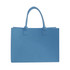 A blue customizable felt tote bag with two handles, featuring a simple, minimalist design and a logo.