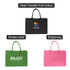 A set of three customizable felt tote bags in black, green, and pink with various decoration options and a logo.