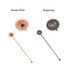 A stainless steel cocktail drink stirrer in rose gold and black, featuring branding on the circular end.